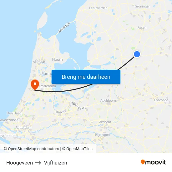Hoogeveen to Vijfhuizen map