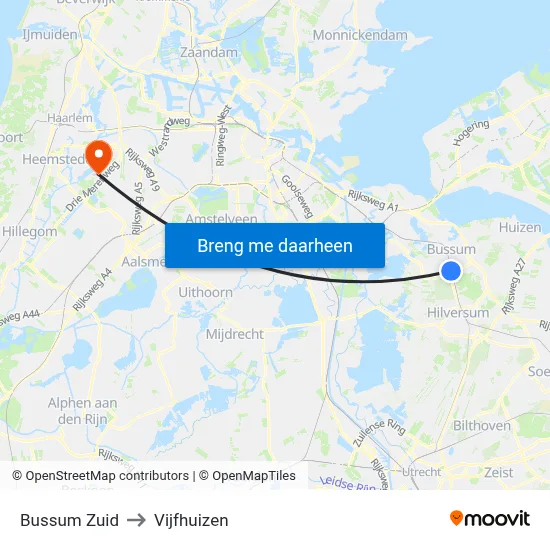 Bussum Zuid to Vijfhuizen map