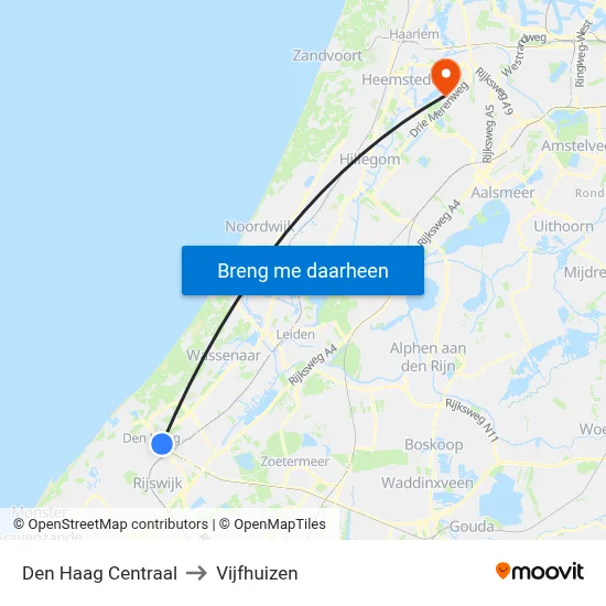 Den Haag Centraal to Vijfhuizen map