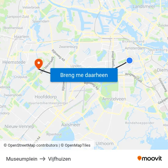 Museumplein to Vijfhuizen map