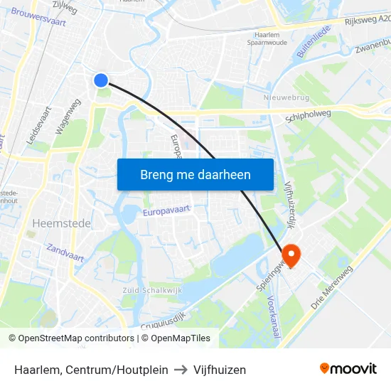 Haarlem, Centrum/Houtplein to Vijfhuizen map