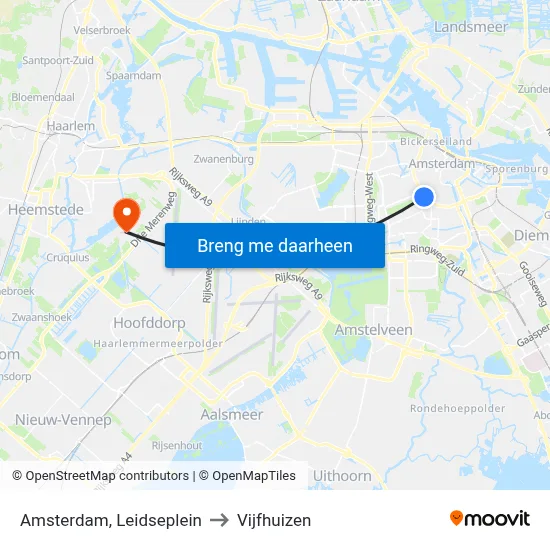 Amsterdam, Leidseplein to Vijfhuizen map