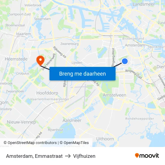 Amsterdam, Emmastraat to Vijfhuizen map
