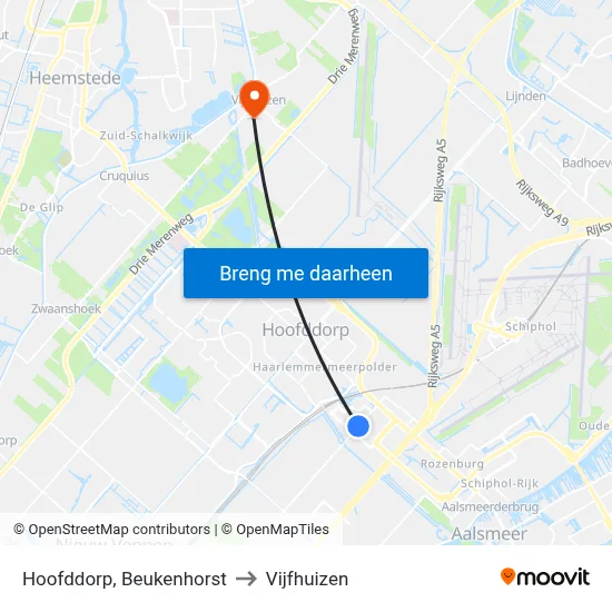 Hoofddorp, Beukenhorst to Vijfhuizen map