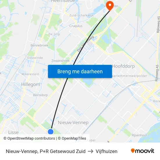 Nieuw-Vennep, P+R Getsewoud Zuid to Vijfhuizen map