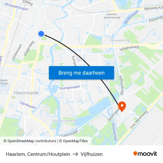 Haarlem, Centrum/Houtplein to Vijfhuizen map