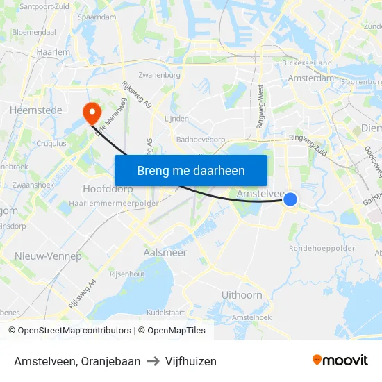 Amstelveen, Oranjebaan to Vijfhuizen map