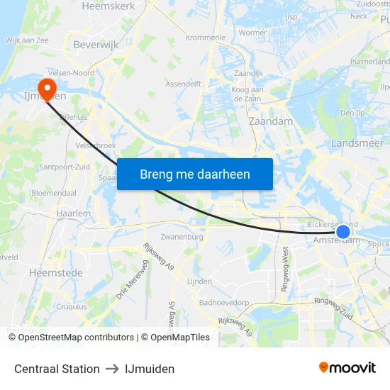 Centraal Station to IJmuiden map