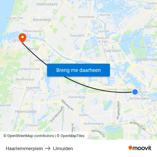 Haarlemmerplein to IJmuiden map