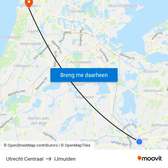 Utrecht Centraal to IJmuiden map