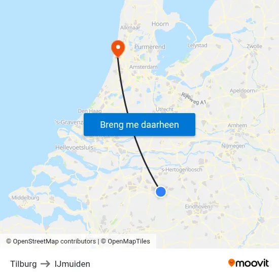 Tilburg to IJmuiden map