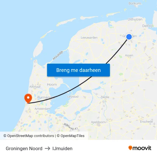 Groningen Noord to IJmuiden map