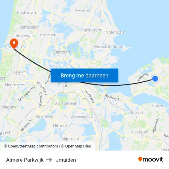 Almere Parkwijk to IJmuiden map