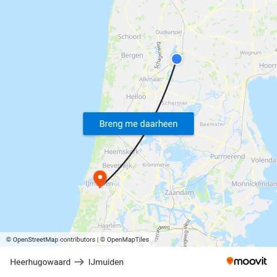 Heerhugowaard to IJmuiden map