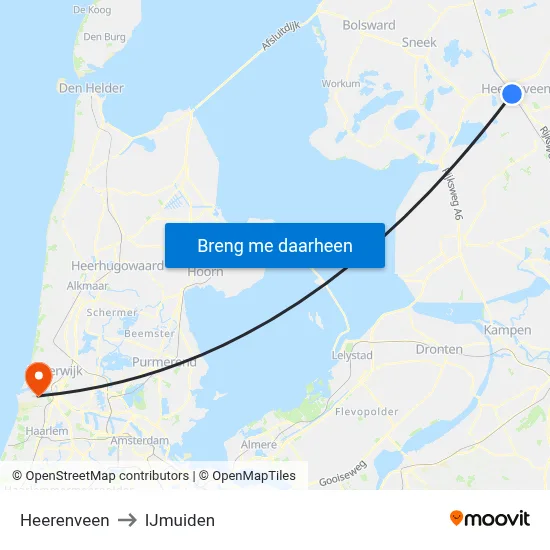 Heerenveen to IJmuiden map