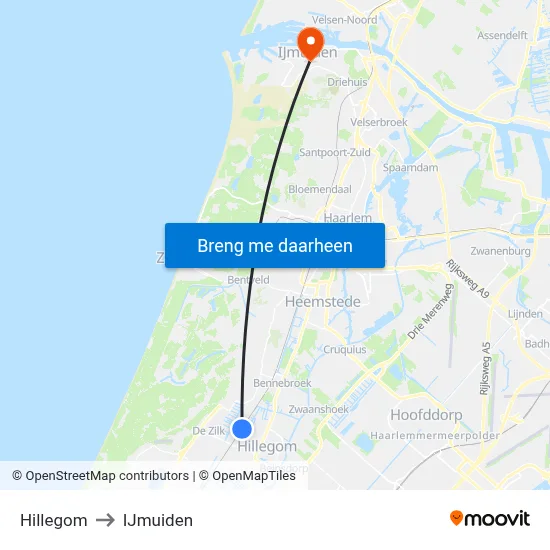 Hillegom to IJmuiden map