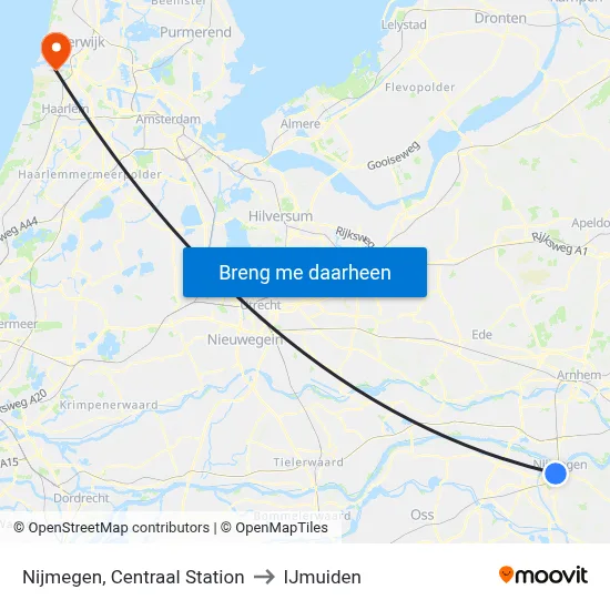 Nijmegen, Centraal Station to IJmuiden map
