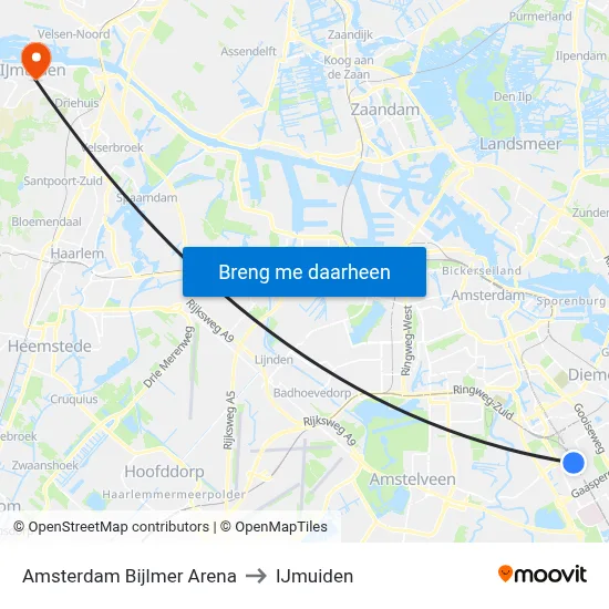 Amsterdam Bijlmer Arena to IJmuiden map