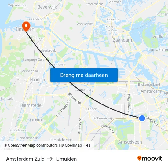 Amsterdam Zuid to IJmuiden map