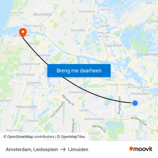 Amsterdam, Leidseplein to IJmuiden map