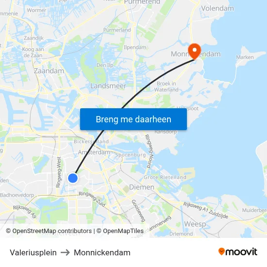 Valeriusplein to Monnickendam map