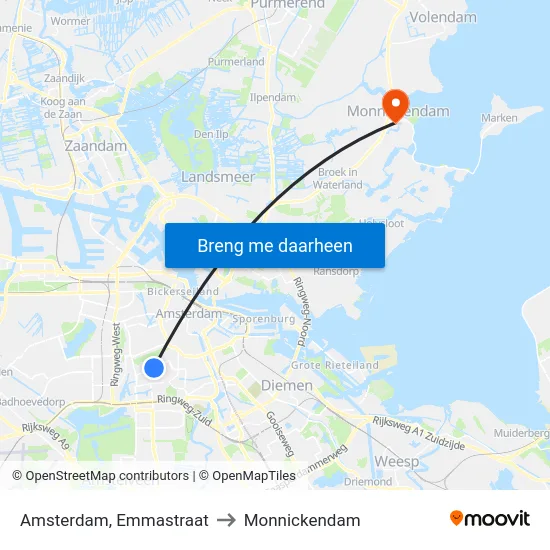 Amsterdam, Emmastraat to Monnickendam map