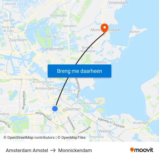 Amsterdam Amstel to Monnickendam map