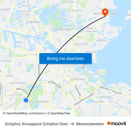 Schiphol, Knooppunt Schiphol Oost to Monnickendam map