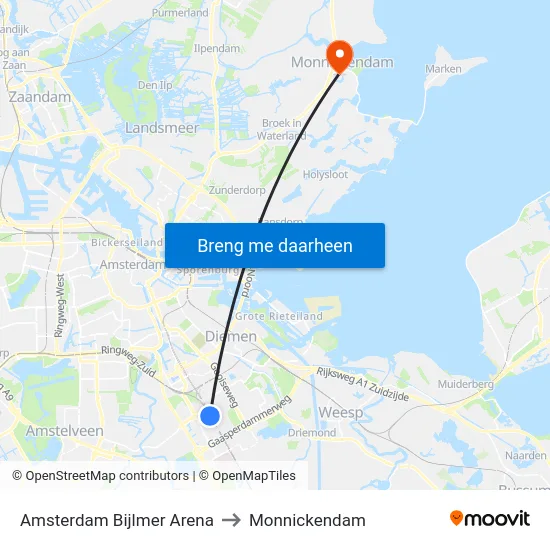 Amsterdam Bijlmer Arena to Monnickendam map
