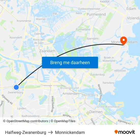 Halfweg-Zwanenburg to Monnickendam map