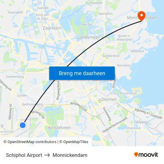 Schiphol Airport to Monnickendam map