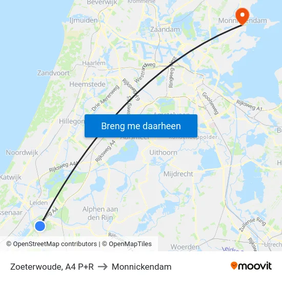 Zoeterwoude, A4 P+R to Monnickendam map