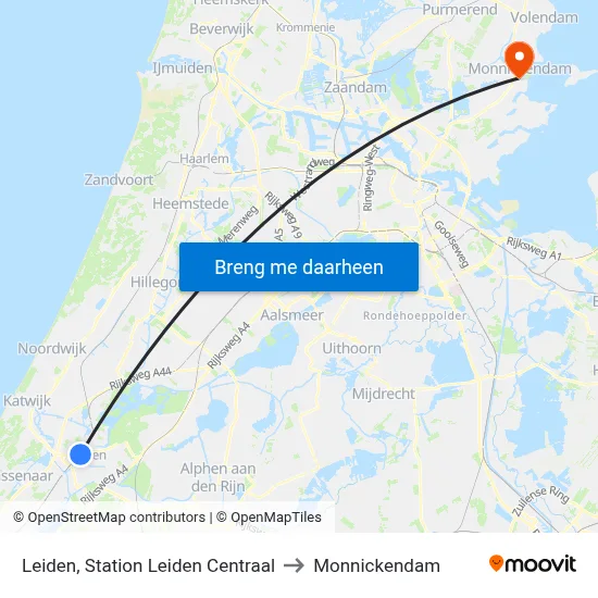 Leiden, Station Leiden Centraal to Monnickendam map