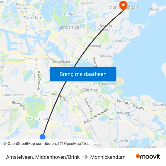 Amstelveen, Middenhoven/Brink to Monnickendam map