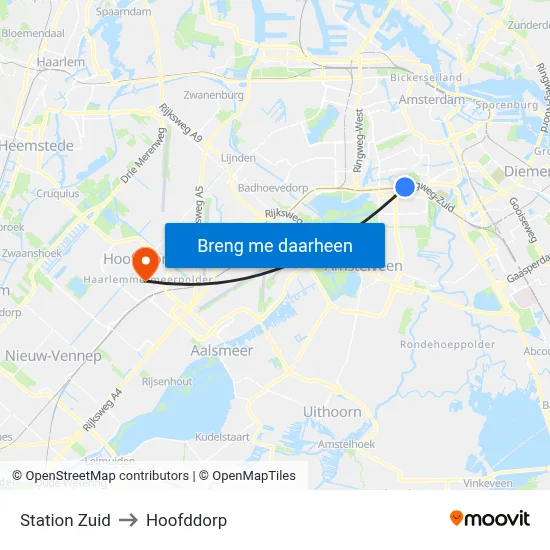 Station Zuid to Hoofddorp map