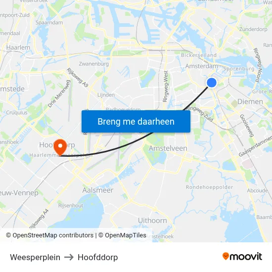 Weesperplein to Hoofddorp map