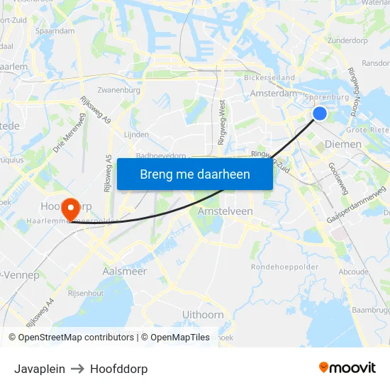 Javaplein to Hoofddorp map