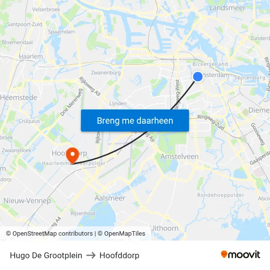 Hugo De Grootplein to Hoofddorp map