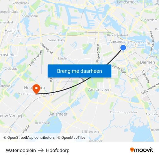 Waterlooplein to Hoofddorp map