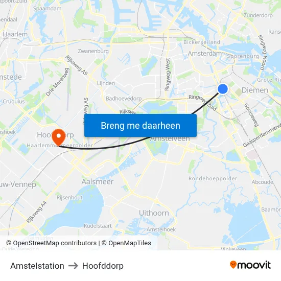 Amstelstation to Hoofddorp map