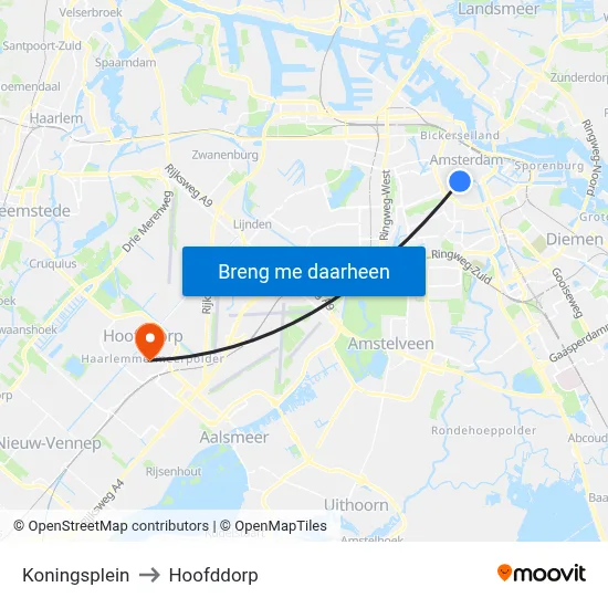 Koningsplein to Hoofddorp map