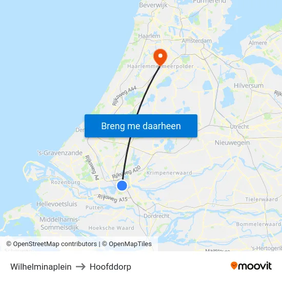 Wilhelminaplein to Hoofddorp map