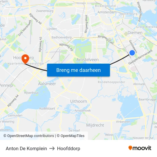 Anton De Komplein to Hoofddorp map