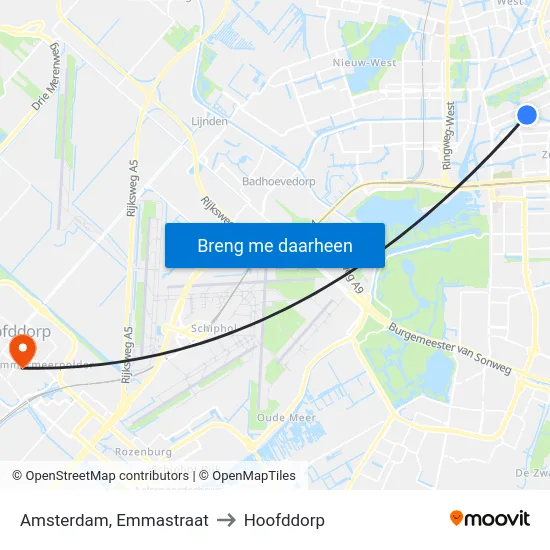 Amsterdam, Emmastraat to Hoofddorp map