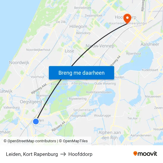 Leiden, Kort Rapenburg to Hoofddorp map