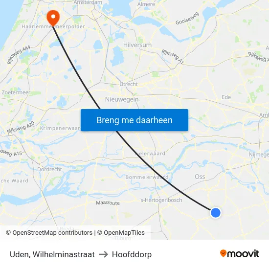 Uden, Wilhelminastraat to Hoofddorp map