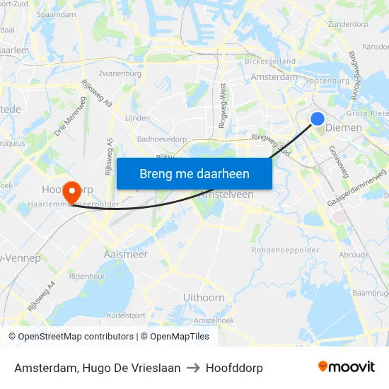 Amsterdam, Hugo De Vrieslaan to Hoofddorp map