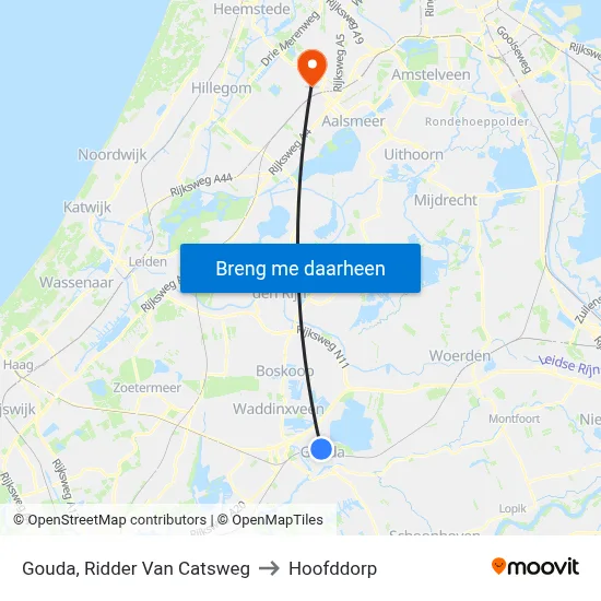 Gouda, Ridder Van Catsweg to Hoofddorp map