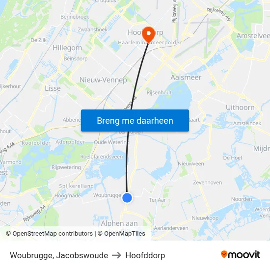 Woubrugge, Jacobswoude to Hoofddorp map