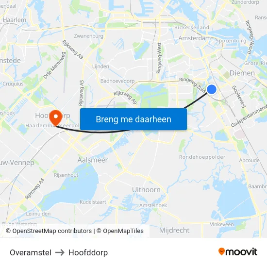 Overamstel to Hoofddorp map